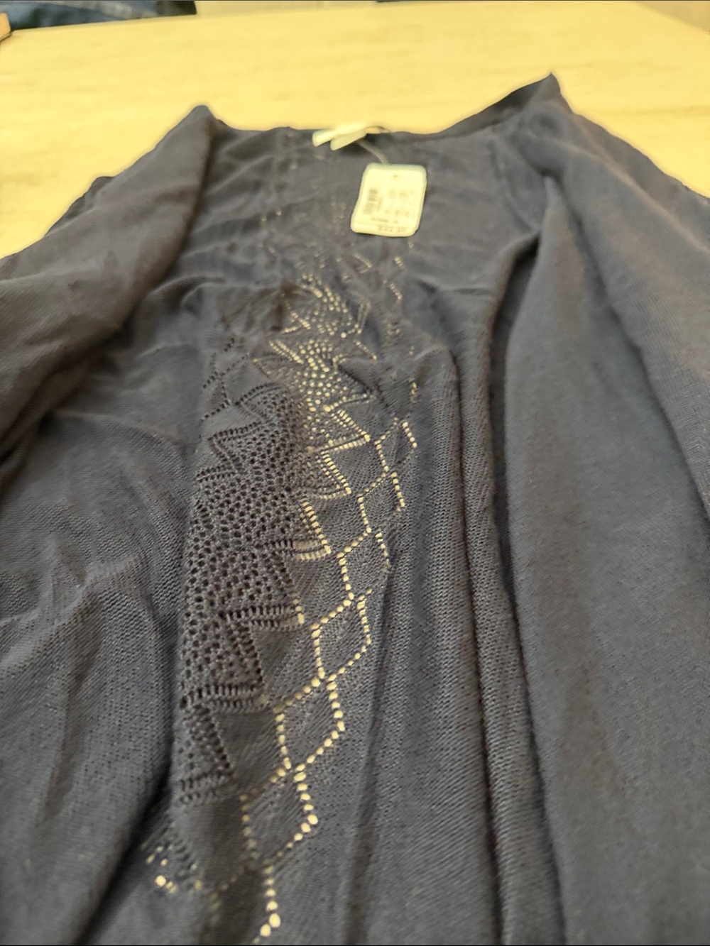 CJ Banks Navy Open-Front Cardigan with Lace-Detail Sleeves - Picture 7 of 9